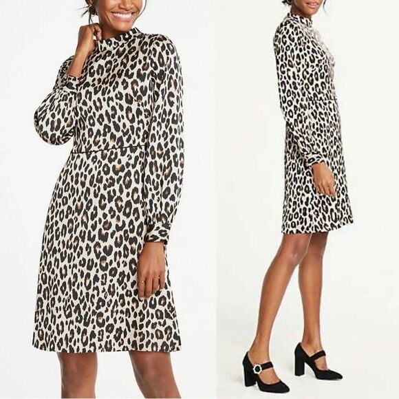 NWT Ann Taylor Spotted Leopard Print Mock Neck Dress Size 2 Tall Long Sleeve - Picture 1 of 8